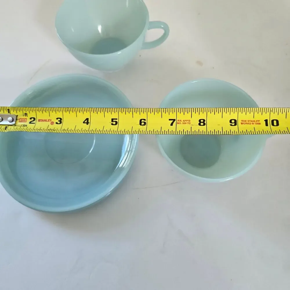 Vintage Fire King Cups Saucers Turquoise Milk Glass Limited 1956-58 Mid Century